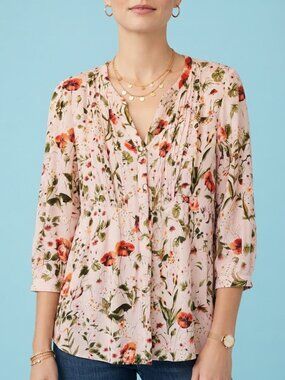 Hilary Radley Light Pink Rose & Poppy Floral V-Neck Button Peasant Blouse